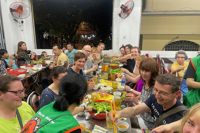Hanoi Vespa After Dark Street Food Tour -Hidden Gem-Train Street - Ba Dinh, banh xeo, and nem lui